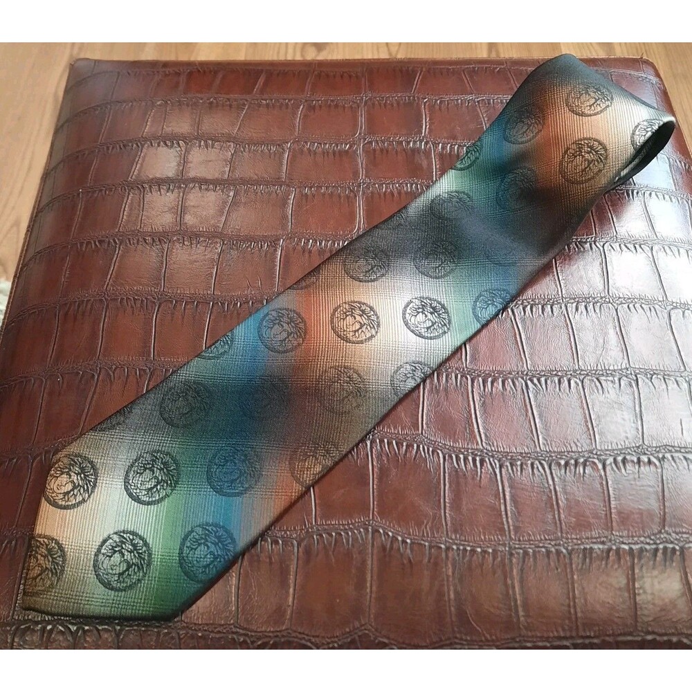 VINTAGE Gianni Versace Silk Tie Medusa Head Gradient Teal Blue Black Italy MCM